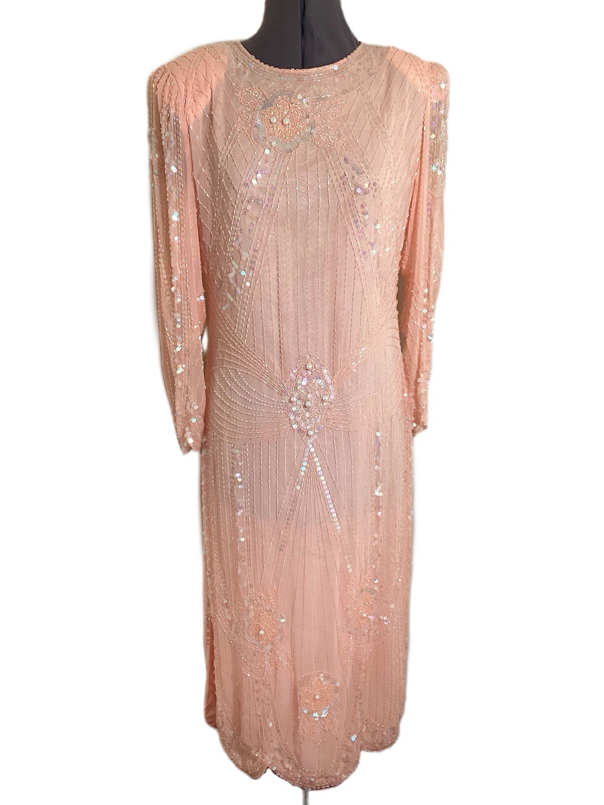 Vtg Miss Paillette Beaded Dress L Pink Sequin Pearl Art Deco Gatsby 80s 20s