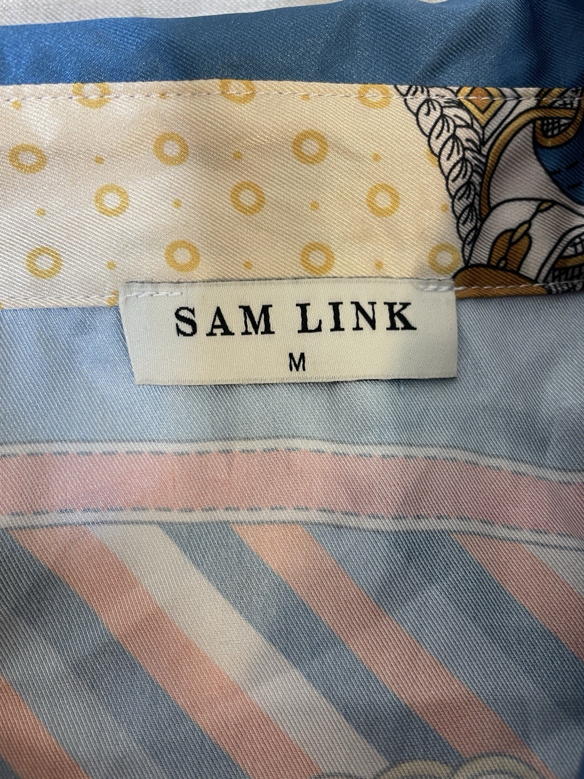 Sam Link 3/4 Sleeve Button Maxi Dress M satin gold chains pockets blue Summer