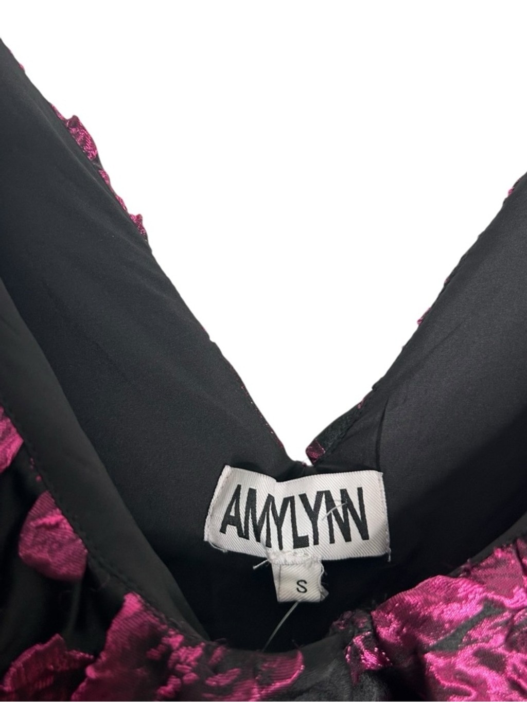 Amy Lynn Jaime ruffle sleeve mini dress with bow back pink floral jacquard Small