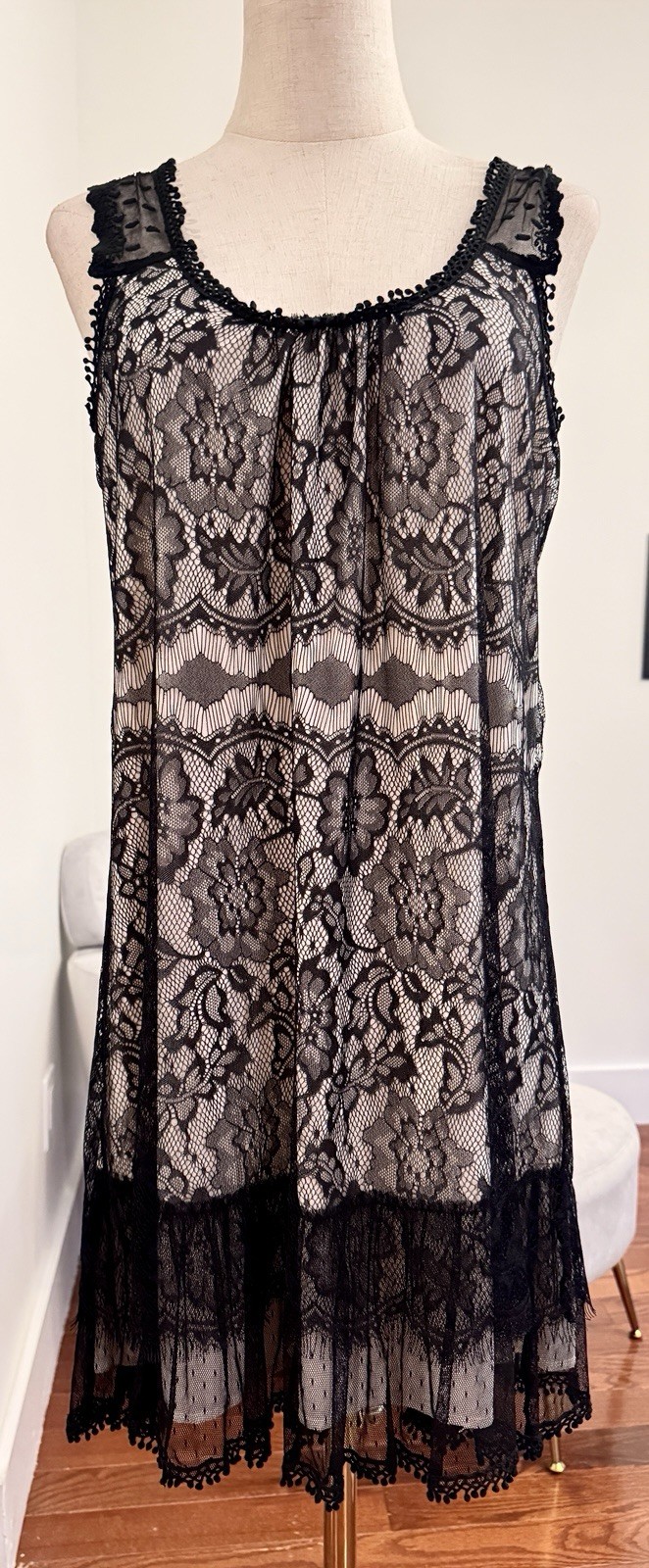 Sz M Black & Nude Lace Chiffon Gauze Gothic Mini Dress Tafetta Babydoll Sundress