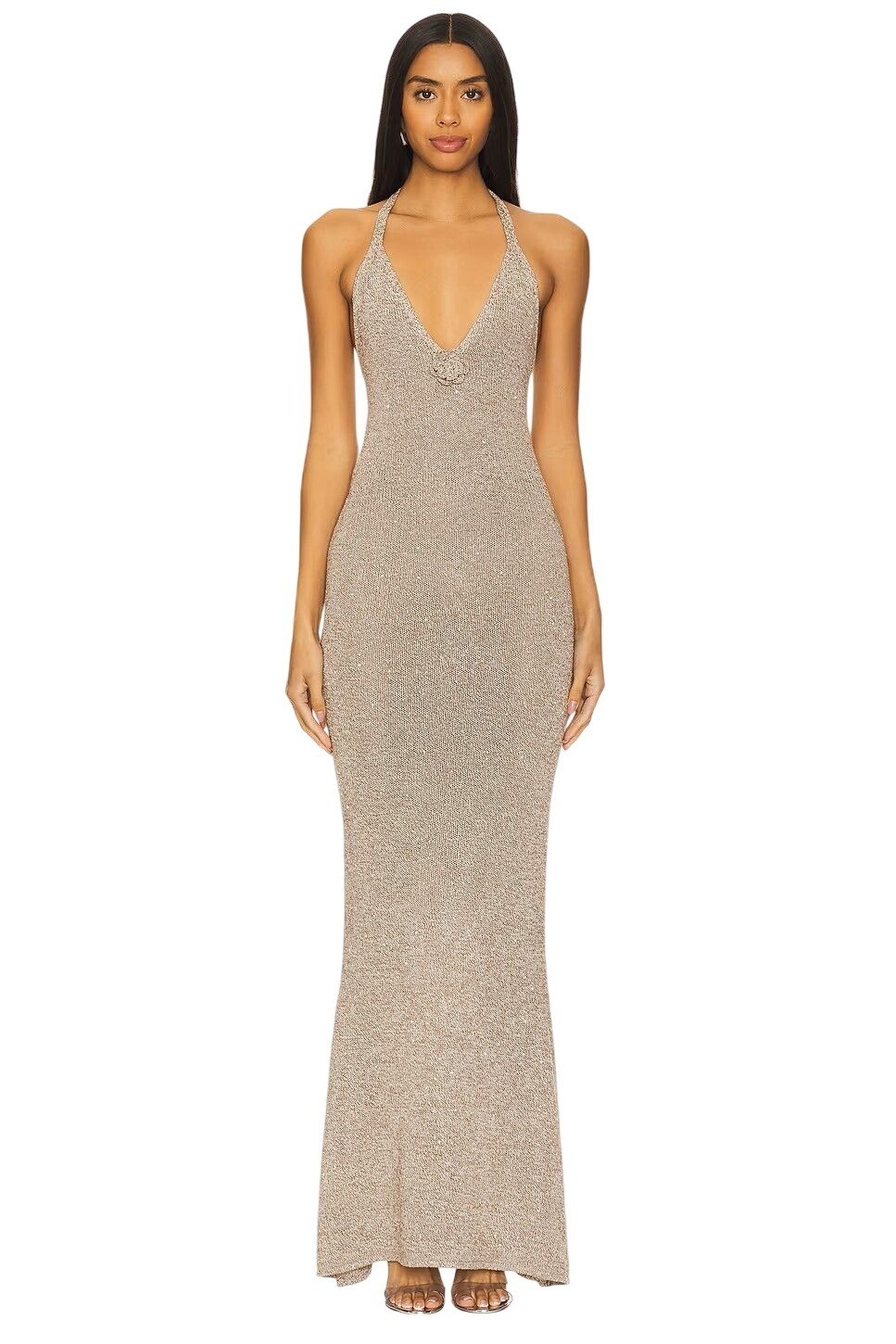 ASTA RESORT Daphne Dress in Hazlenut Sequin Large New Womens Maxi Knit Gown