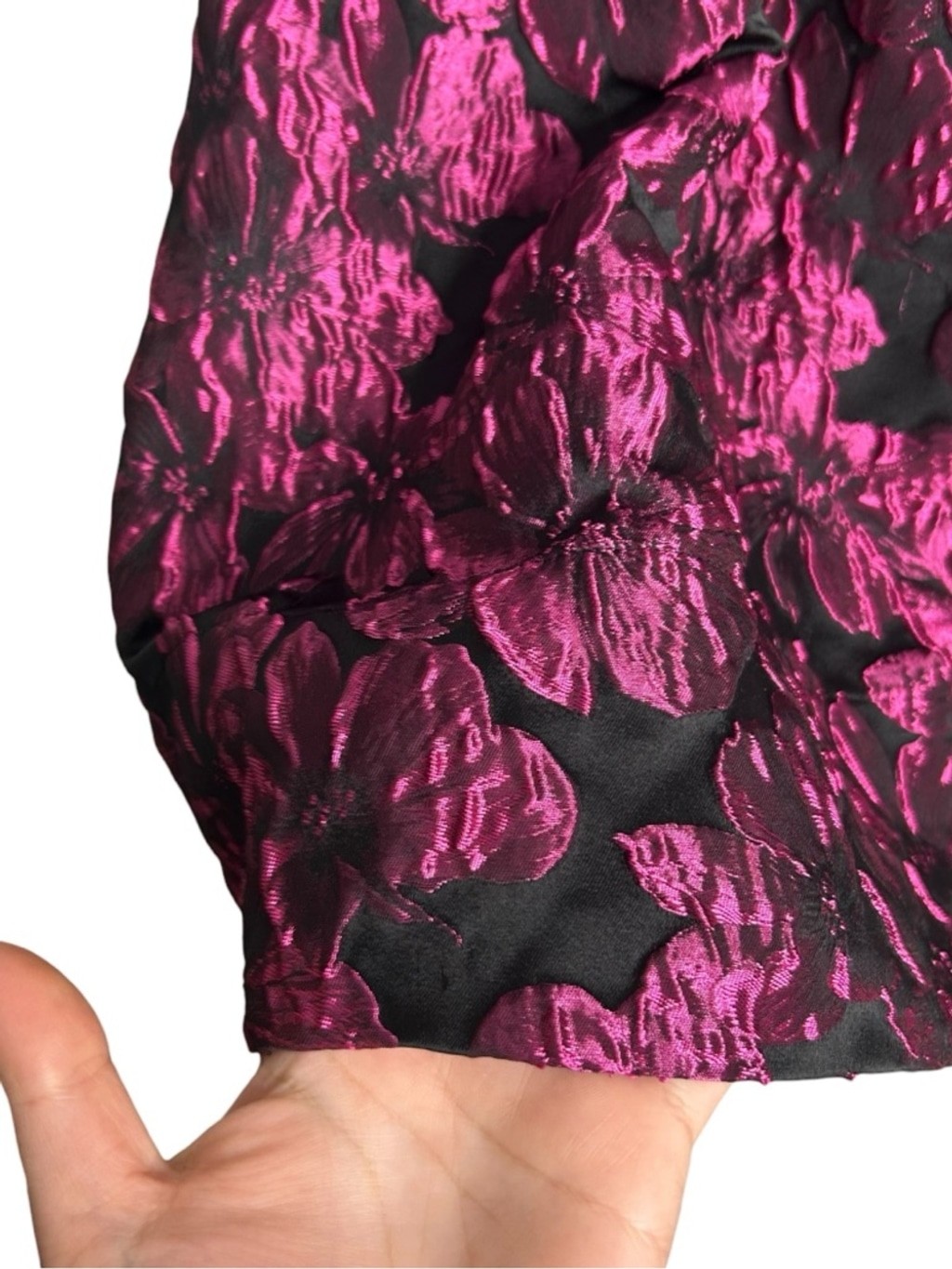 Amy Lynn Jaime ruffle sleeve mini dress with bow back pink floral jacquard Small