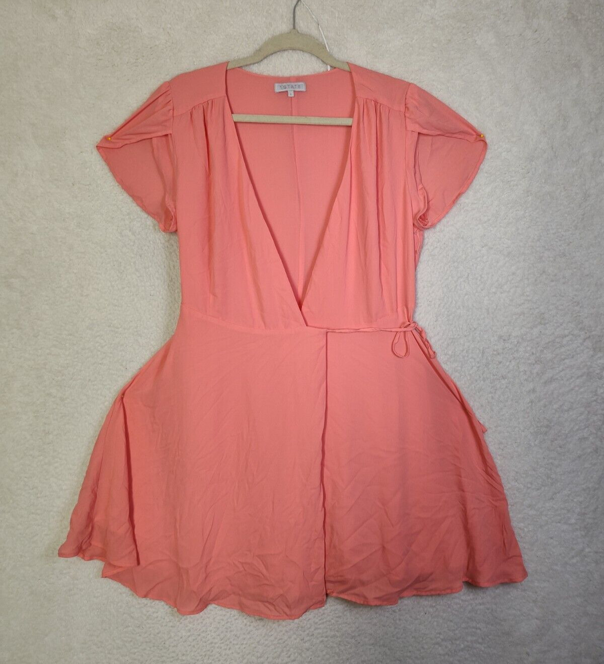 1 State Women Dress Large Coral 100% Polyester Short Sleeve Wrap Tie Fit Flared