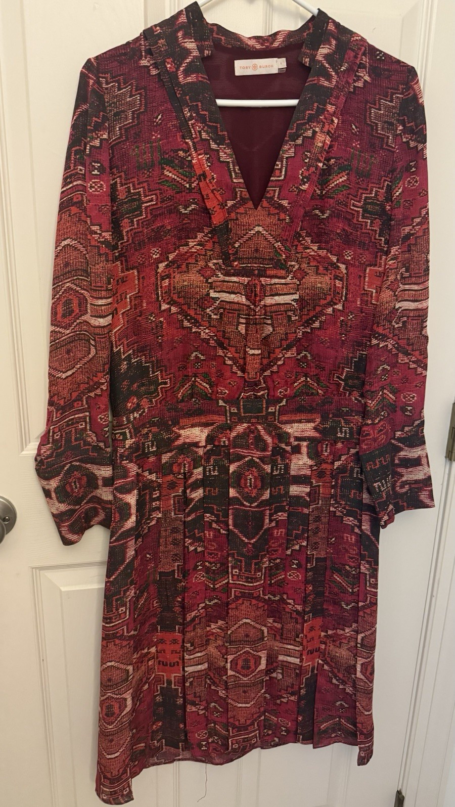 Tory Burch Burgundy Black Geometric V-Neck Shirt Dress Long Sleeve Knee 4