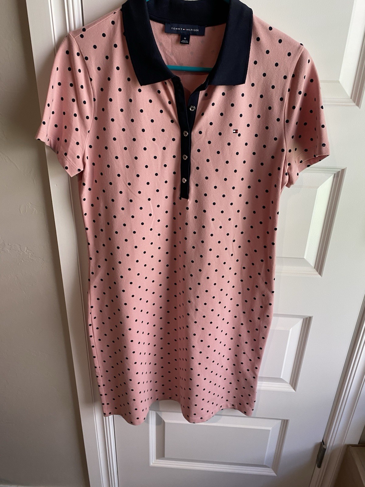 Tommy Hilfiger Light Pink/Polka Dots Polo Dress M Short Sleeve Navy. Preppy