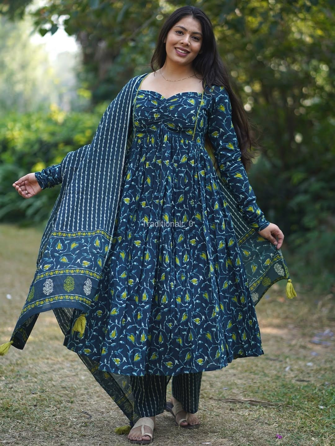 Elegant Teal Blue Floral Printed Cotton Anarkali Suit Set with Striped Pants