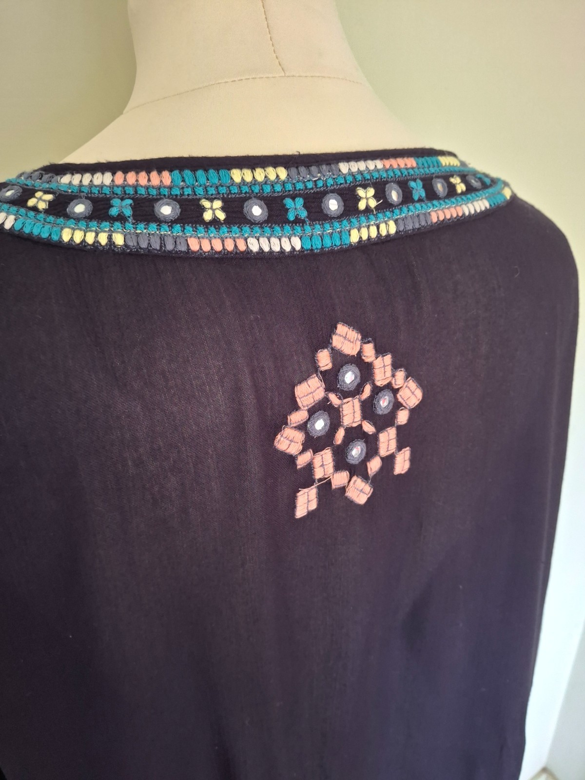 Monsoon Navy Embroidered Summer Dress UK 16 Sequin Detail Boho Tunic Beach Holid