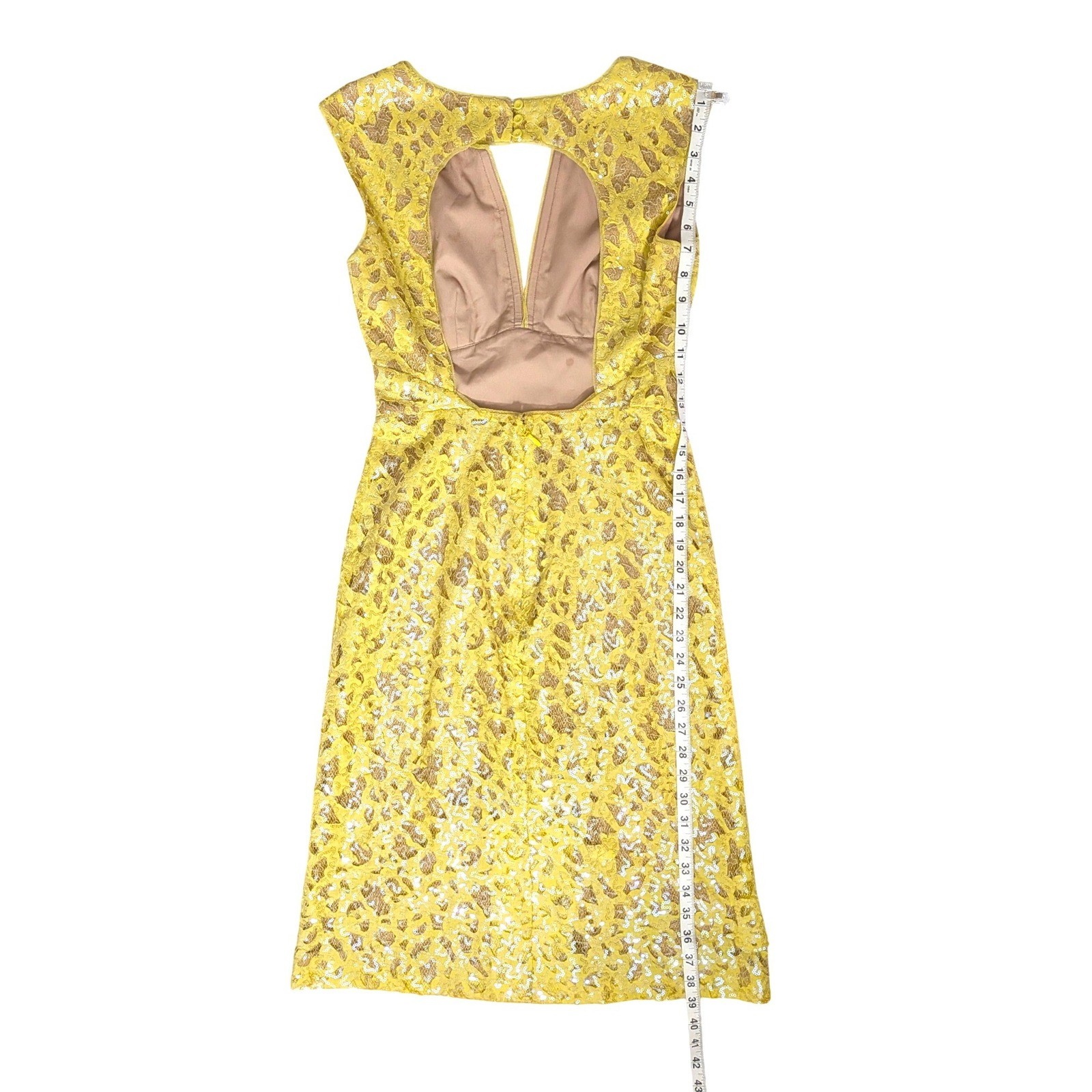 BCBGMAXAZRIA Yellow Sequin Lace Cain Mini Dress Open Back Glam Size 2