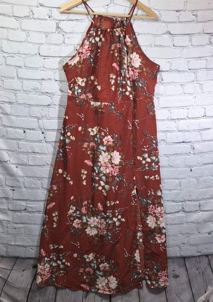 Shien Maxi Dress Womens Sz 0XL Rust Floral Breezy Slit High-Neck Summer