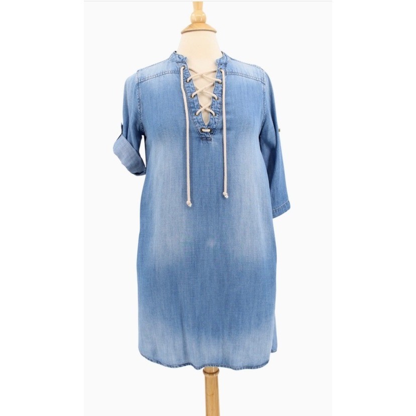 Cloth & Stone Dress XS Blue Chambray Lace Up Tunic Side Pockets Roll Tab Sleeve