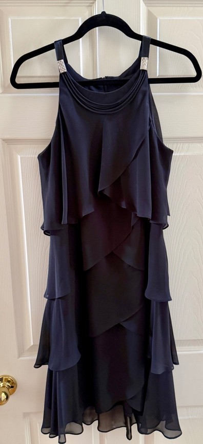 Ends 6/30 SL Fashions Women Chiffon Cruise Dress sz 12 Black Rhinestone Cocktail