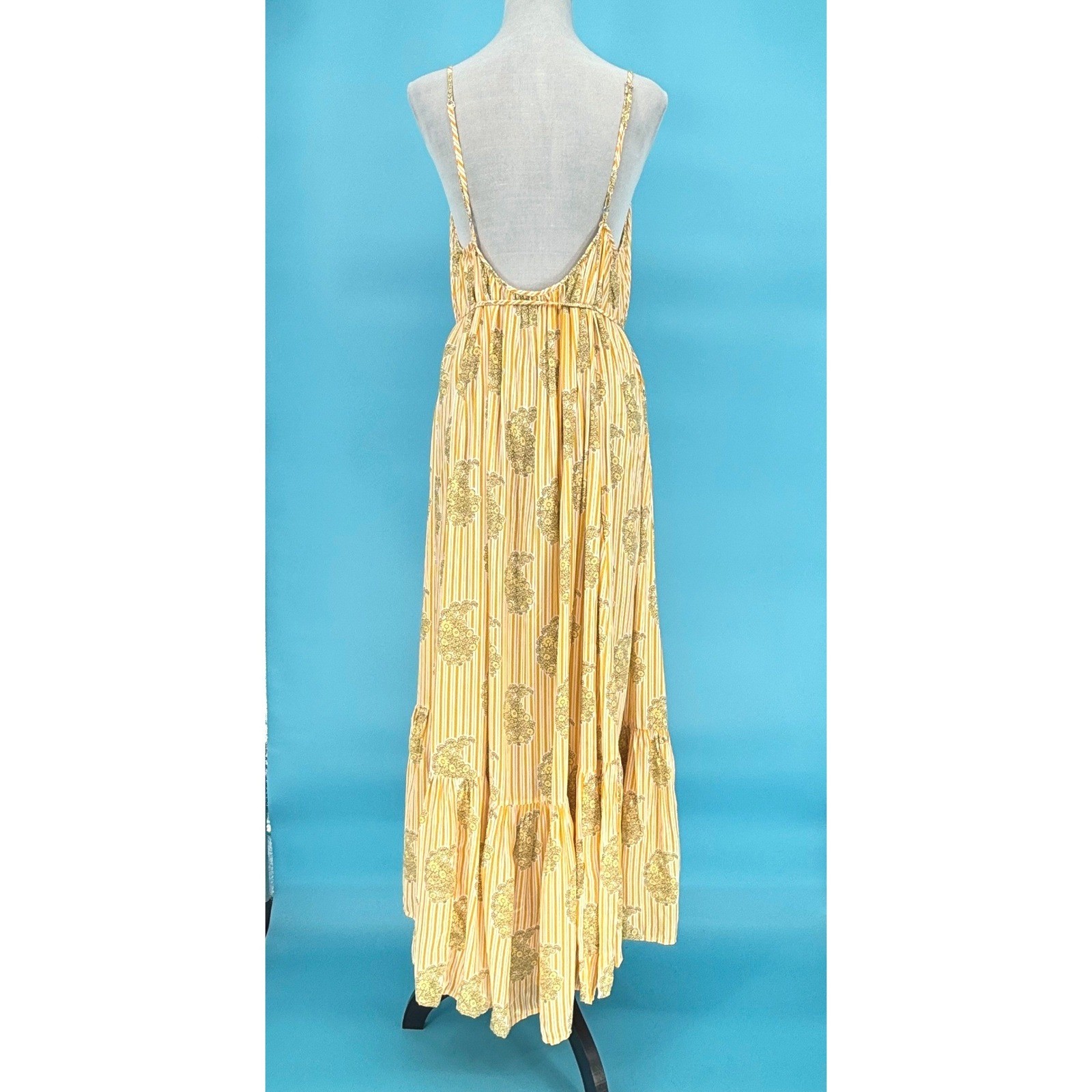 J.Crew Yellow Striped Floral Paisley Backless Maxi Dress Beaded Belt XXL Womens