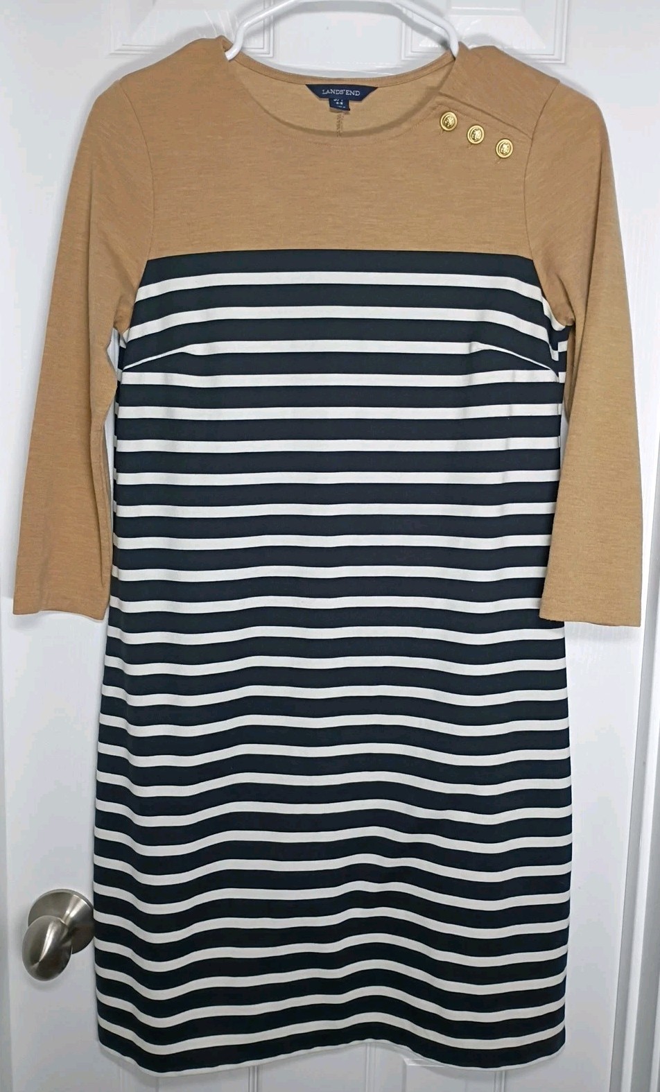 Lands End Dress Womens Size S Knee Length Striped Shift Nautical Classic Button