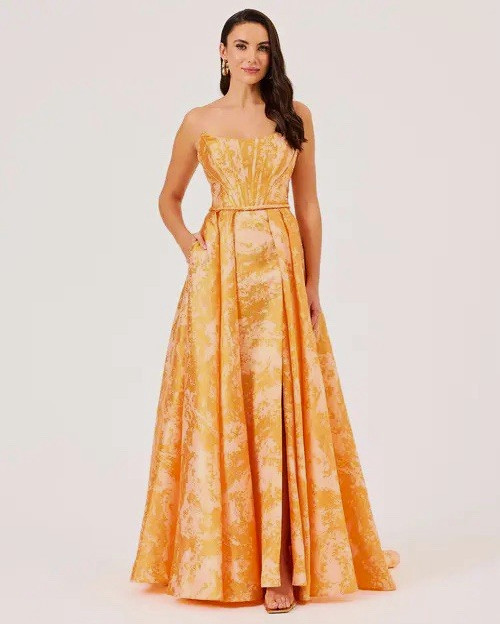 ILMIO Gold Abstract Jacquard Strapless Long Gown w/ Belt Pockets Pleated Size 4