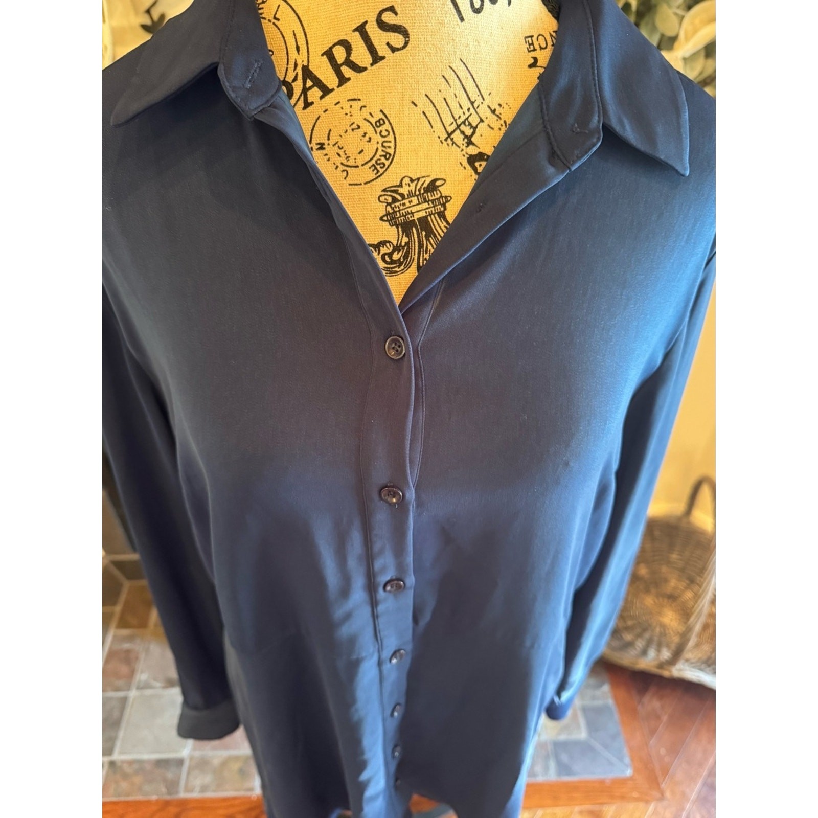 Susan Graver Dark Blue Navy Button Front Big Shirt Dress or Tunic Medium Button