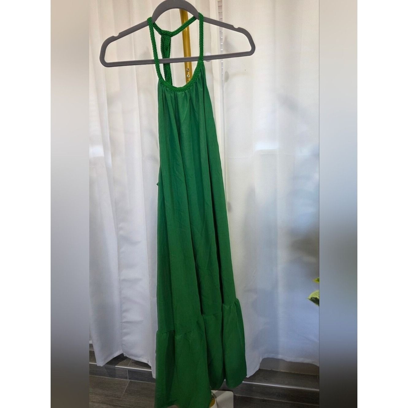 Green Halter Maxi Dress, Tiered Hem, Braided Details, Beachy/Vacation Style