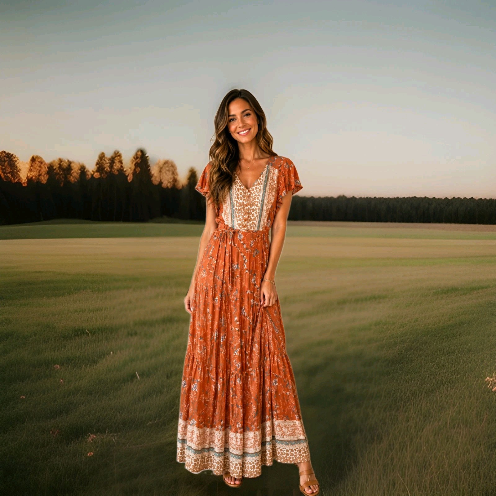 ZESICA Orange/White Floral V-Neck Flutter Sleeve Lace Trim Maxi Dress S