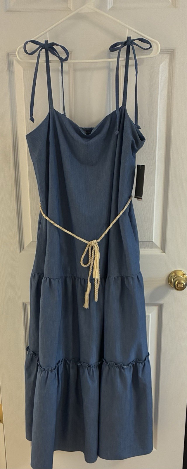 Julia Jordan Blue Chambray Long Strappy Tie Waist & Pockets Dress L