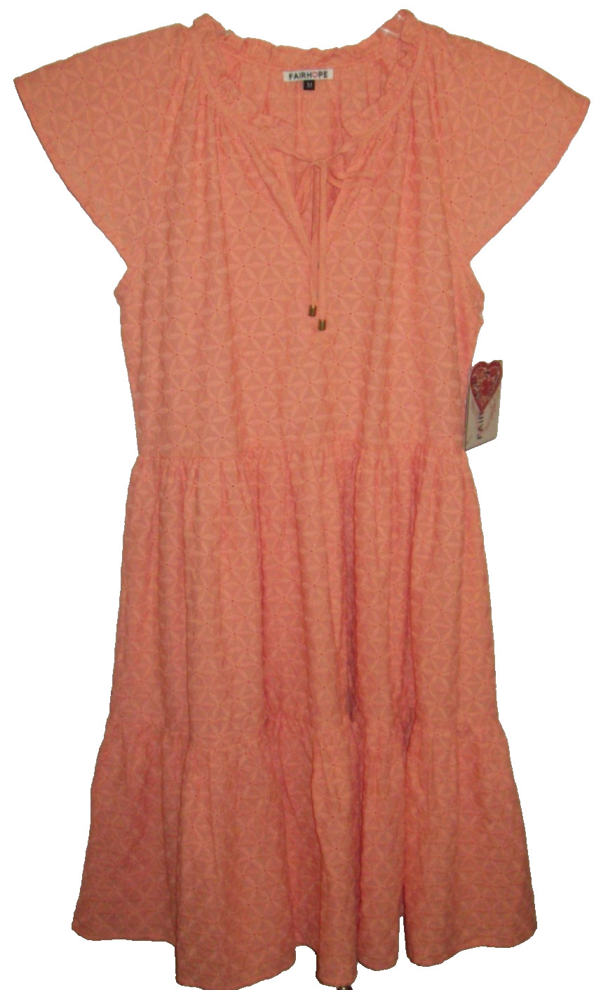 NWT FAIRHOPE Romantic PEACHY ORANGE Eyelet SS Midi Dress SZ M Bust 40″ (RC)
