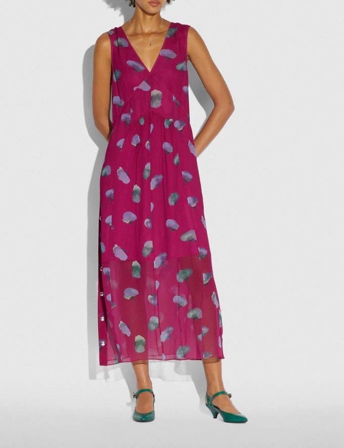 Coach Women’s Sleeveless Midi Length Dress Magenta V Neck 100% Silk Size6