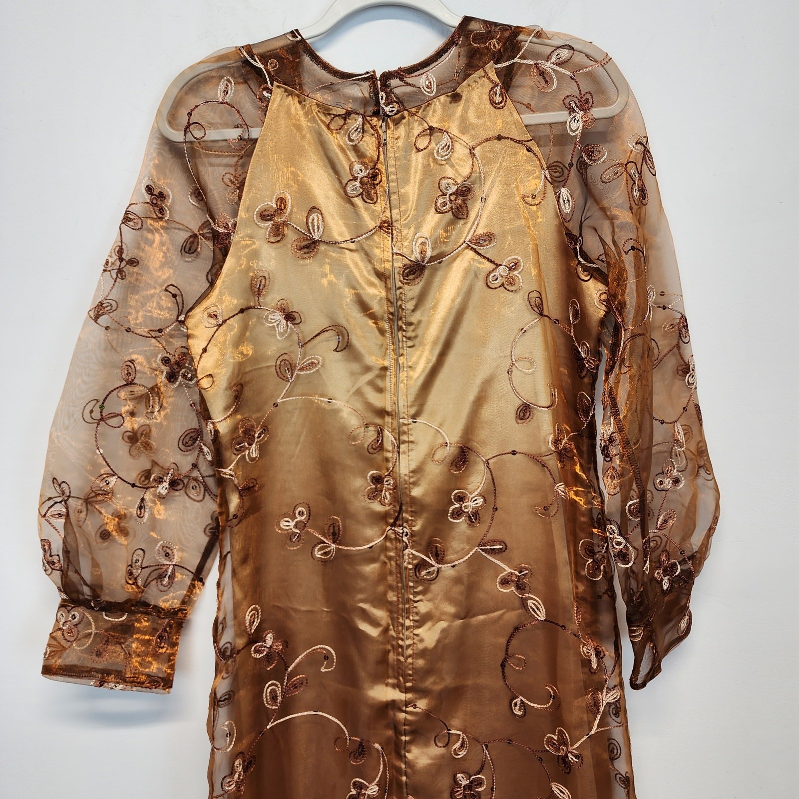 Embroidered Regency Floor Length Dress Size L Brown Damask Taffeta Sheer Whimsy