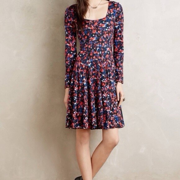 $148. Anthropologie HD in Paris Saraid Dress Swing Silhouette Long Sleeve Sz L