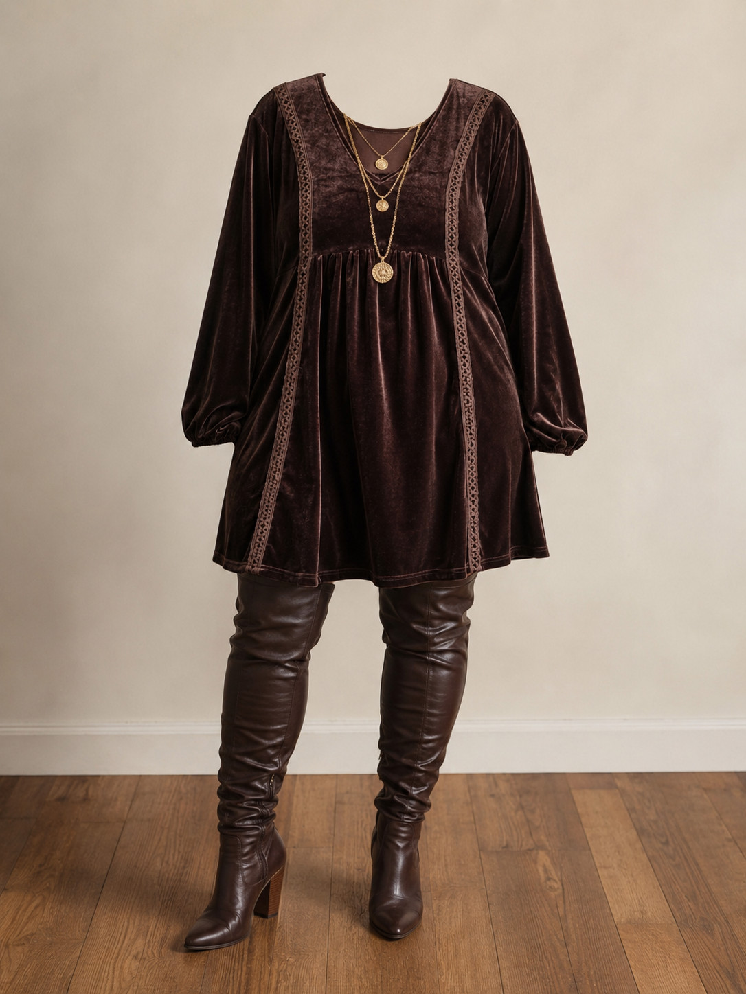 A Little Bit A” Velvet Babydoll Mini Dress Boho Cottagecore Long Sleeve Size 1XL