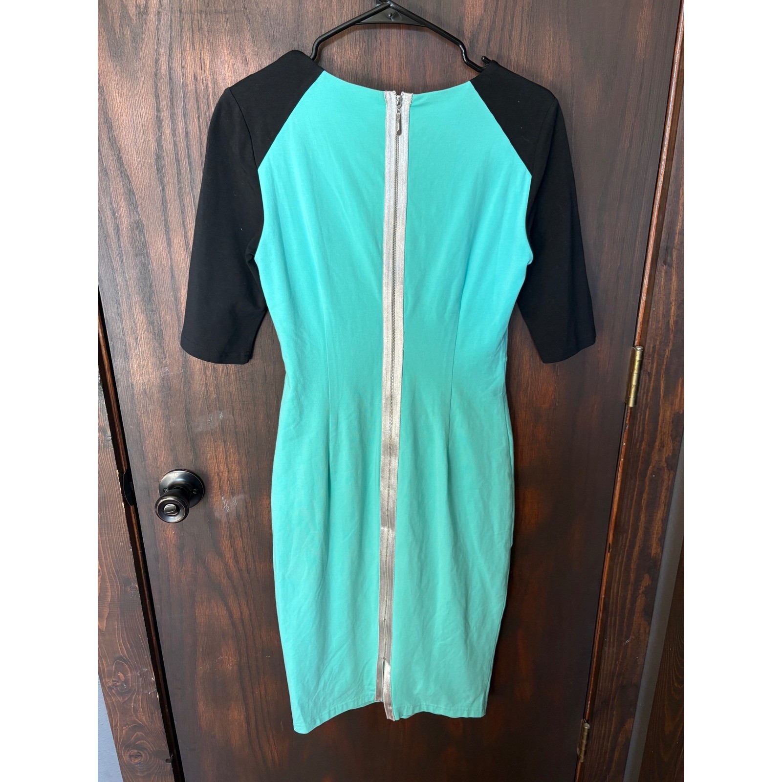 Emage Womens Colorblock Sheath Dress Teal Black Exposed Back Zipper Size S
