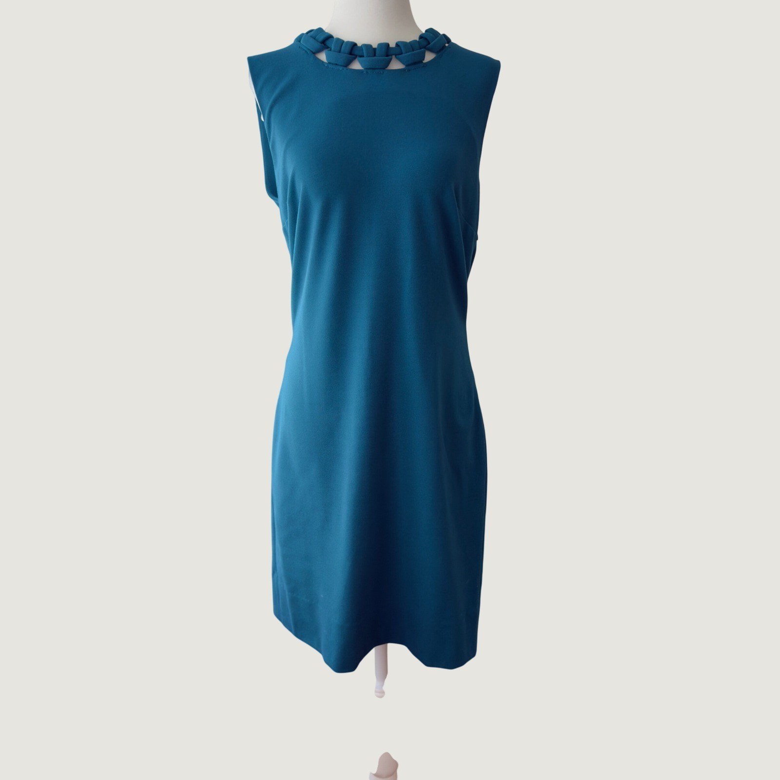 Diane von Furstenberg Teal Blue Braided Neckline Sheath Dress Size 10 DVF Knit