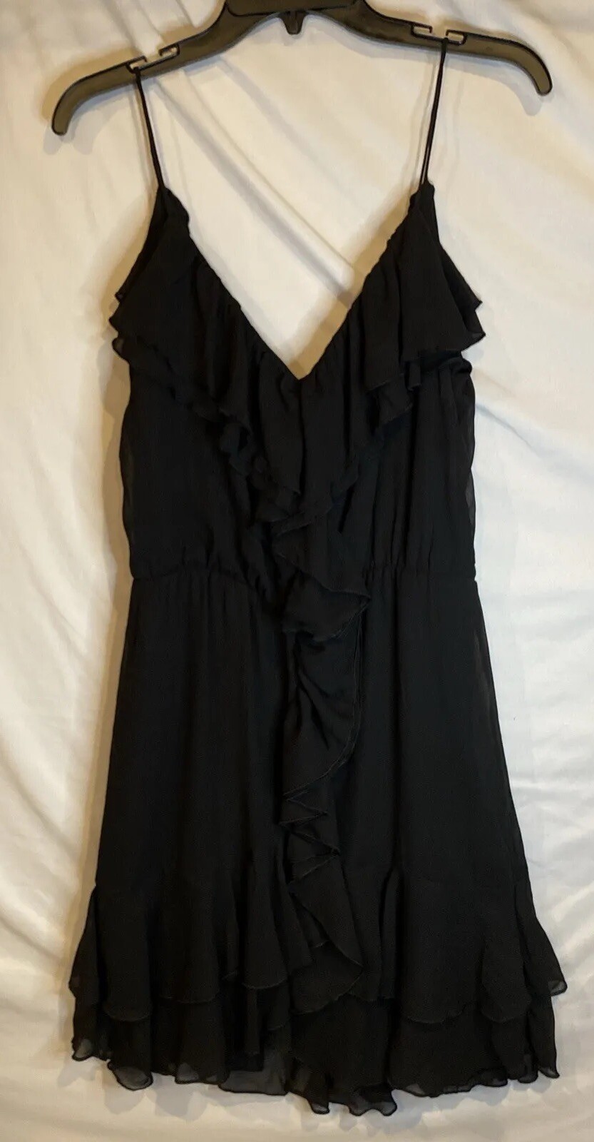 H&M Little black Dress SHEER RUFFLE FRILL V-NECK STRAPPY FLOATY DRESS Size 12