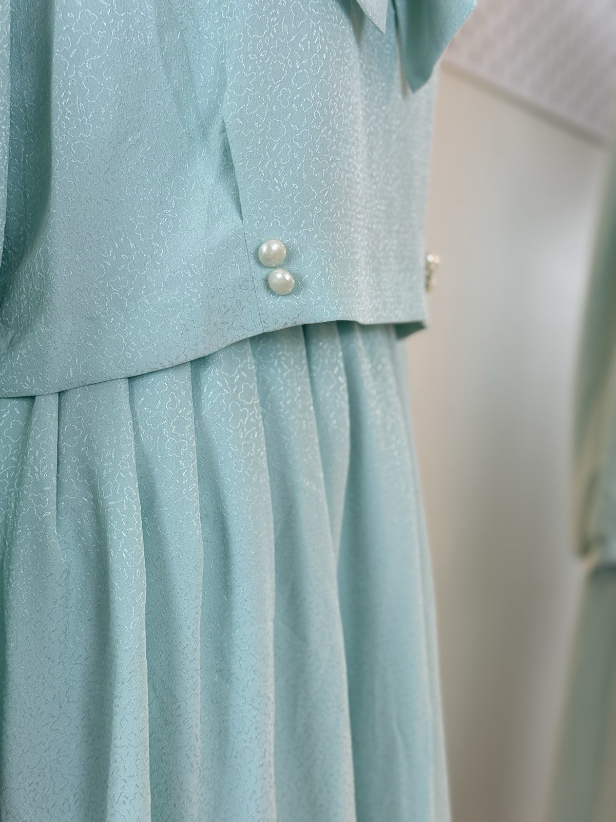 Fransoise Bow Neck Midi Dress Long Sleeve Pearl Button Detail Pleated Skirt