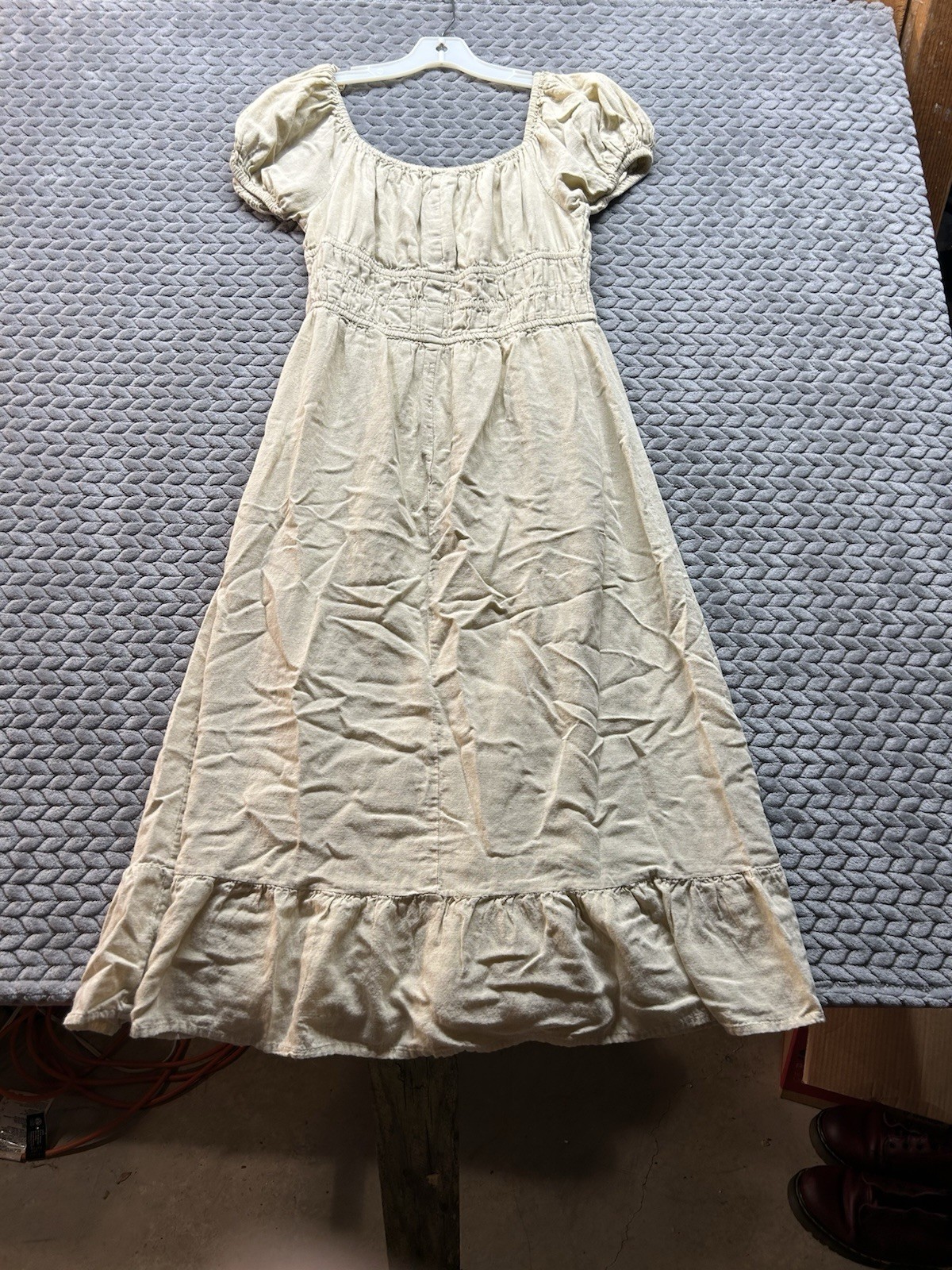 Sim & Sam Rayon Linen Blend Cottagecore Prairie Midi Dress Ivory Puff Sleeve M
