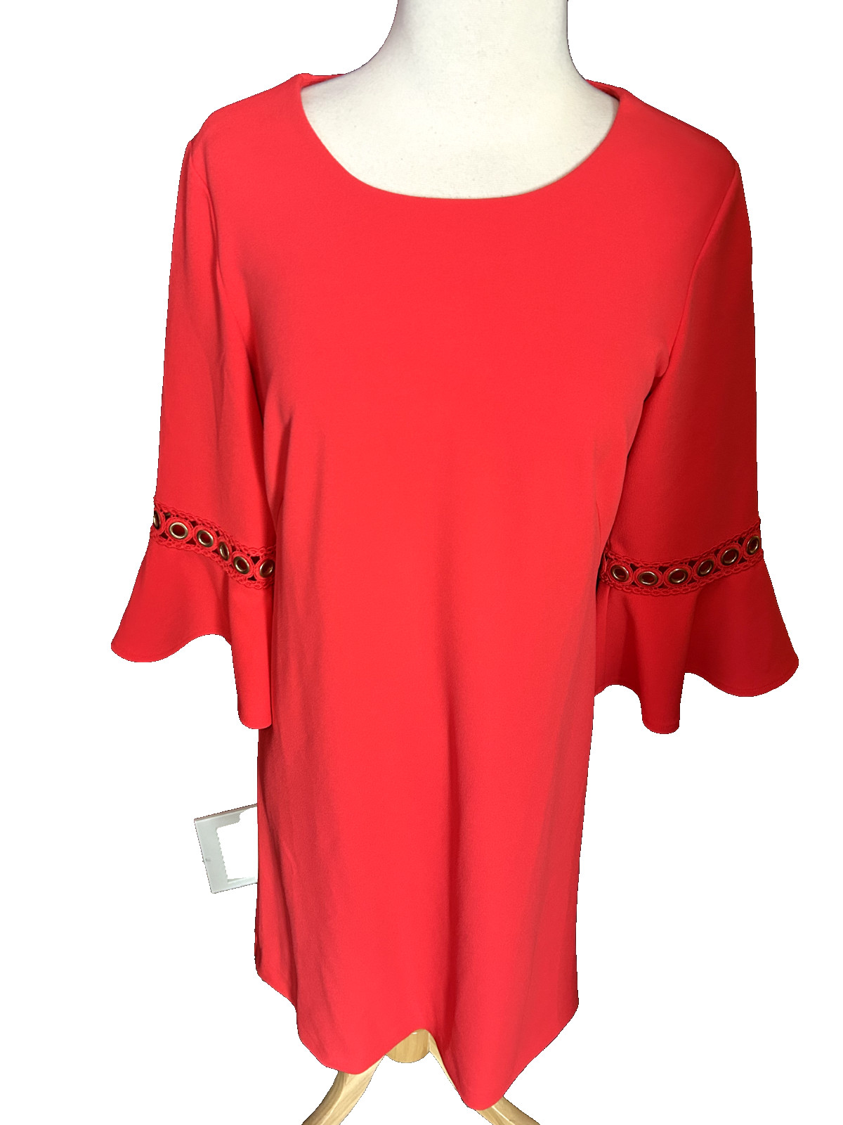 Dennis by Dennis Basso Red 3/4 Bell Sleeve W/Grommet/Lace Details Sz 4 Dress