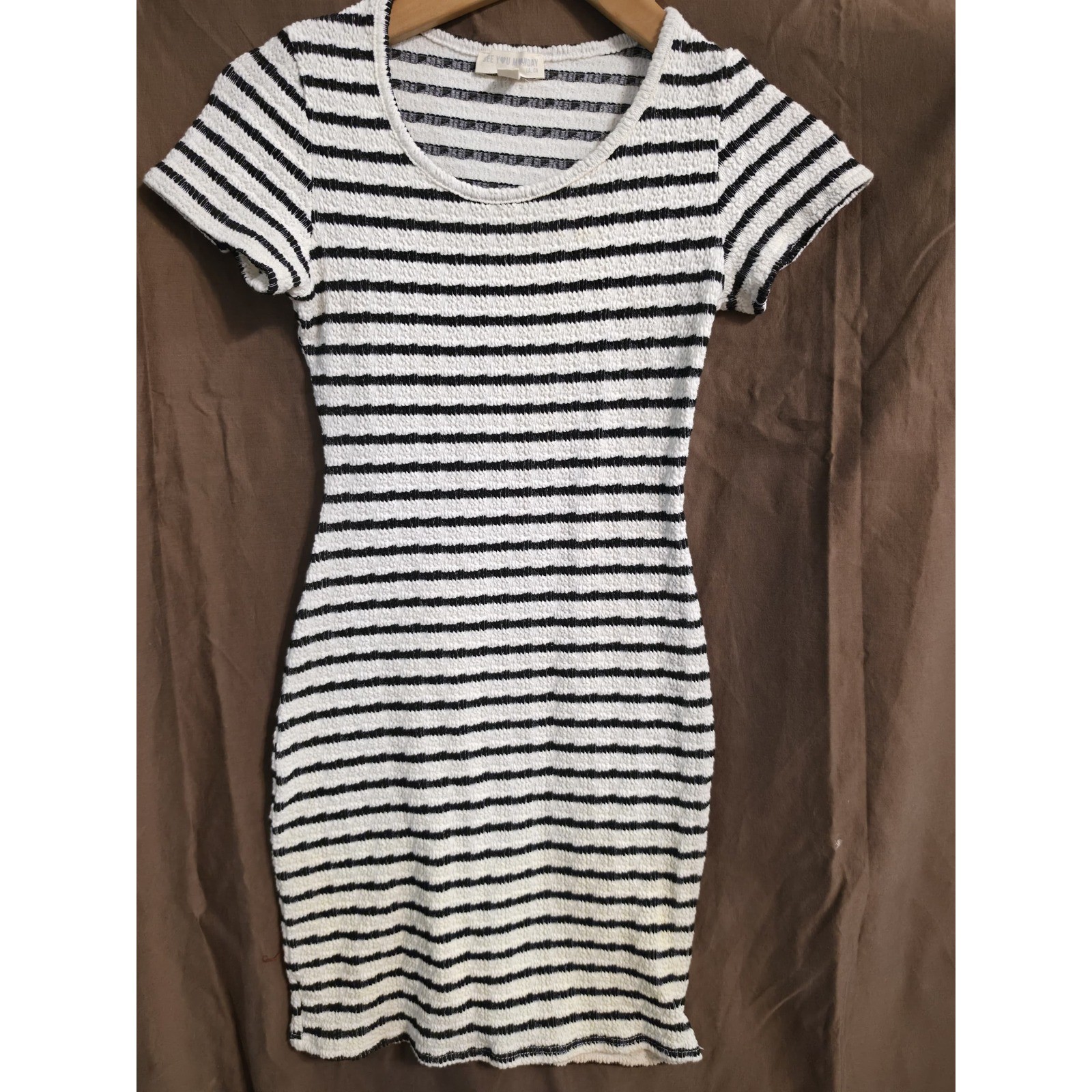 See You Monday Black White Striped Bodycon Mini Dress Short Sleeve Textured S