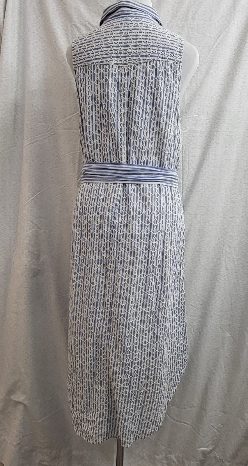 Anthropologie Stripe Sleeveless Button Embroidered Eyelet Blue White Dress Sz 12