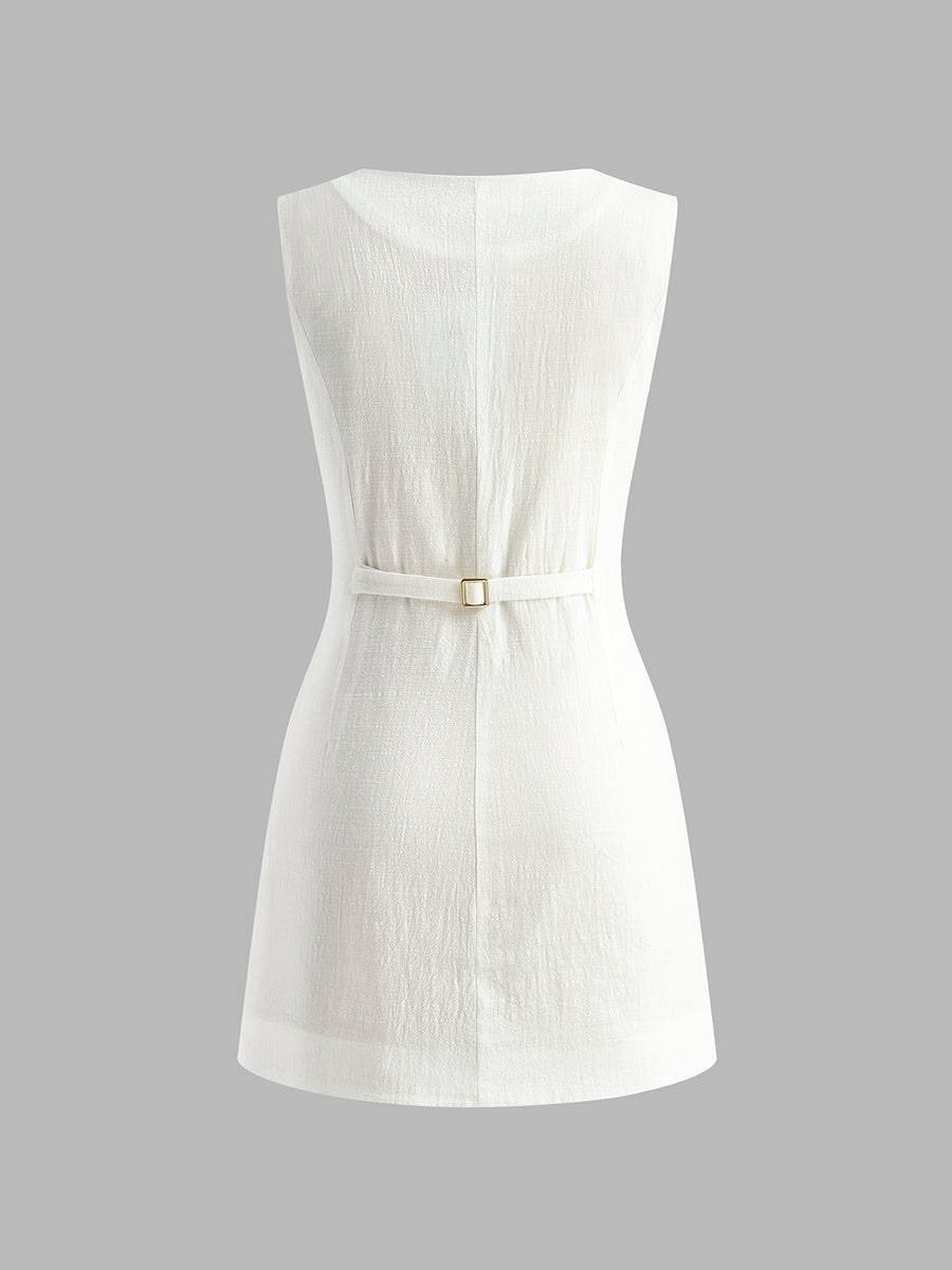 COMMENSE White Sleeveless Button Front Cotton Mini Shirt Dress Cinch Waist XL