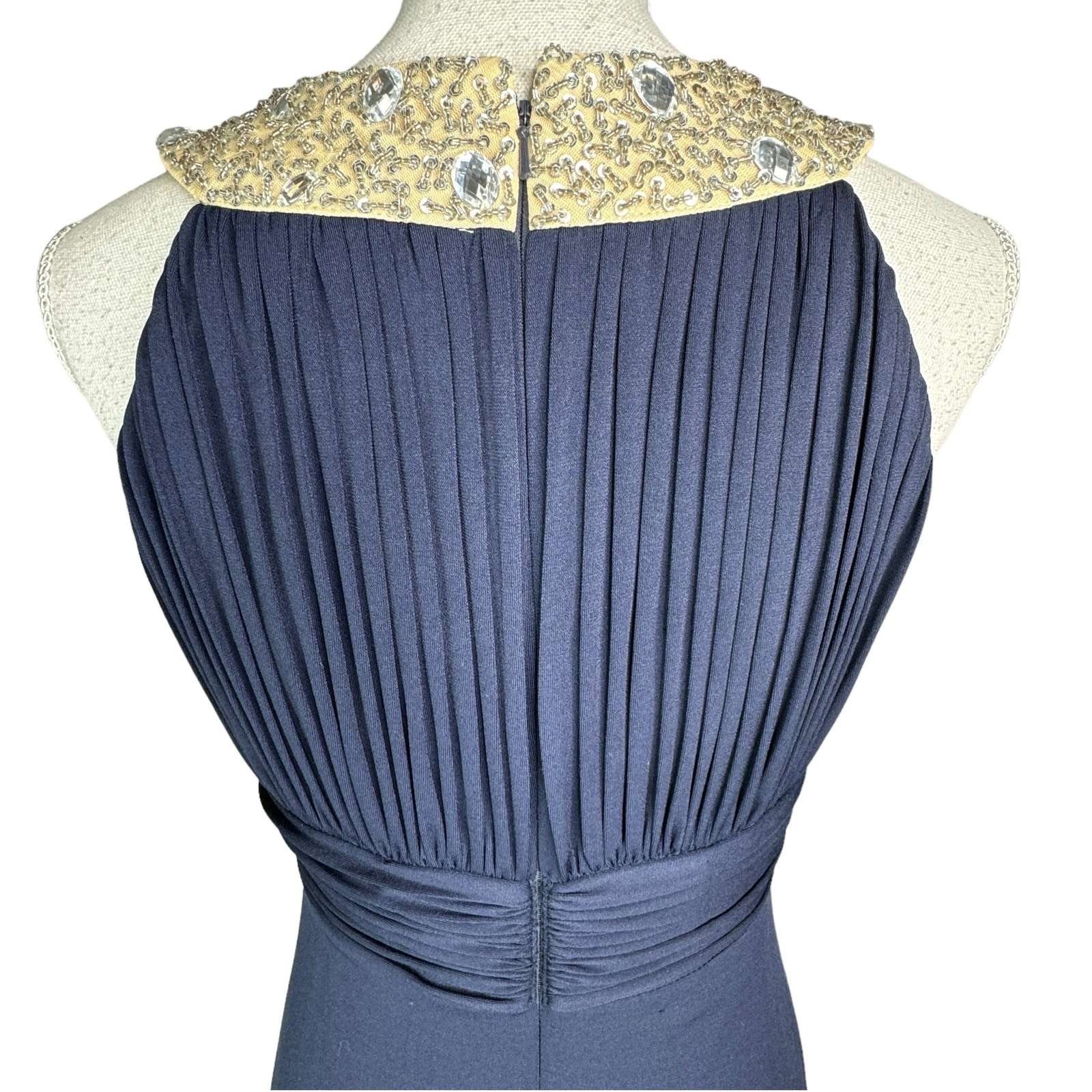 JS Boutique Halter Gown Maxi Dress Beaded Collar Keyhole Mermaid Hem Navy Blue 6