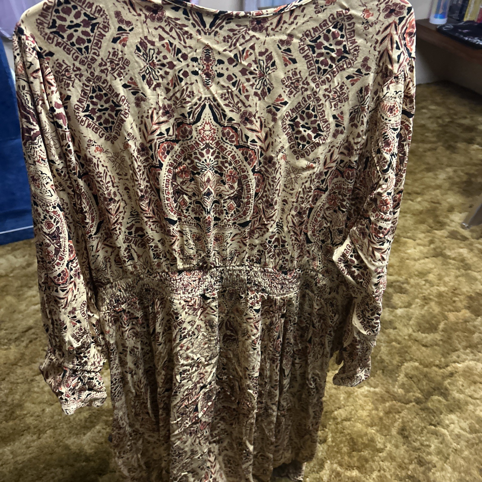 Torrid Beige Brown Paisley Wrap Dress Long Sleeve V-Neck Smocked Knee 2