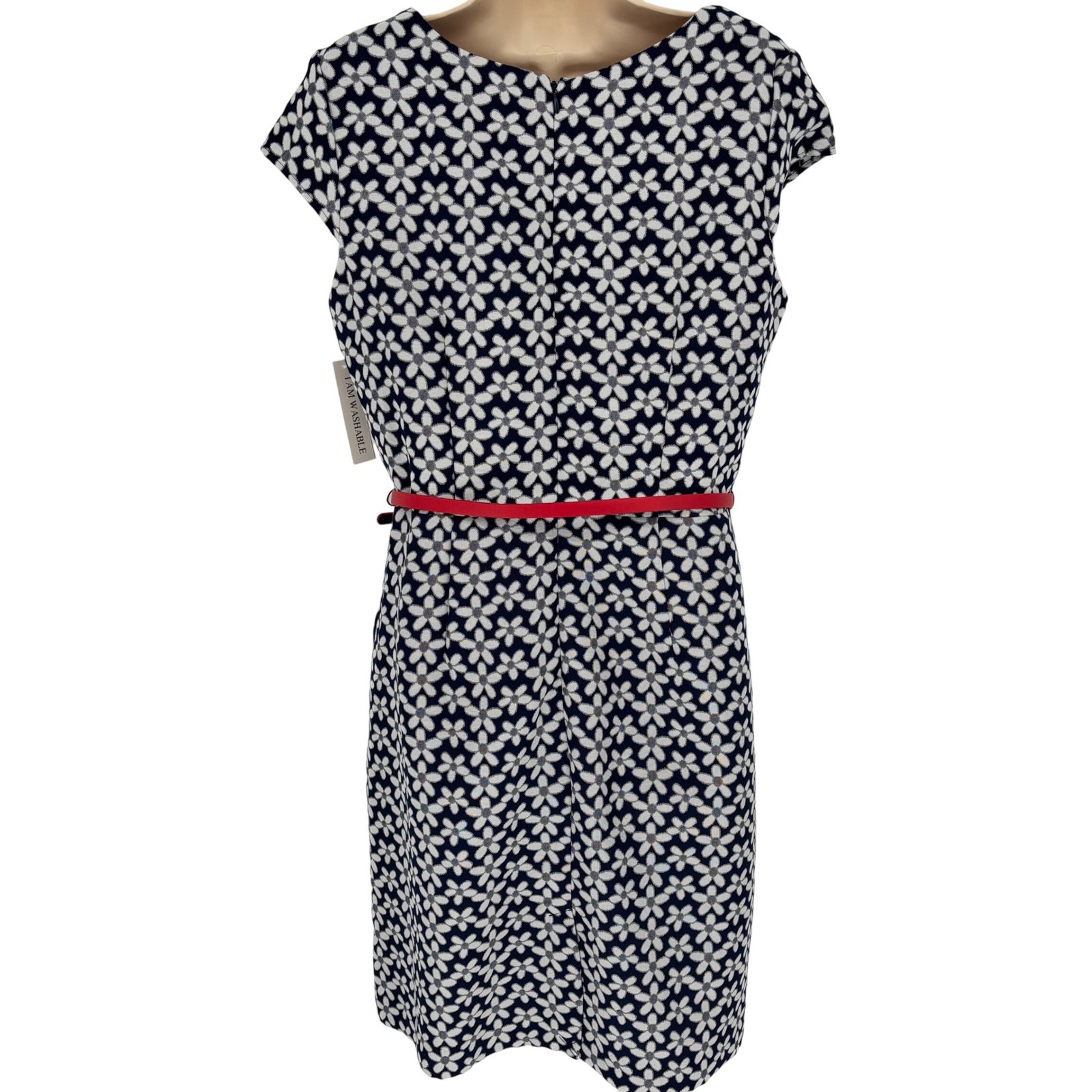 Shelby & Palmer Navy White Floral Sheath Dress with Red Belt Pockets Size 14 NWT