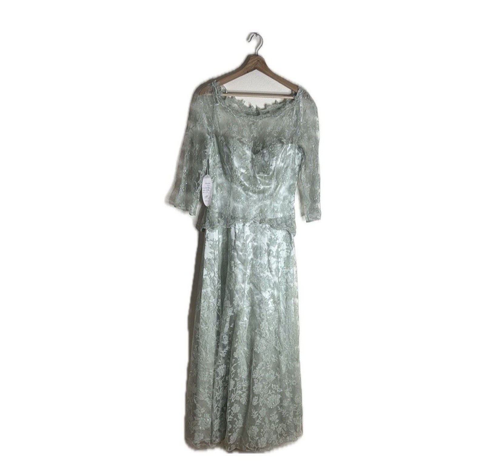 vtg Cassandra Stone Dress Womens 8 Sage Green Lace Gown Formal Evening Beaded