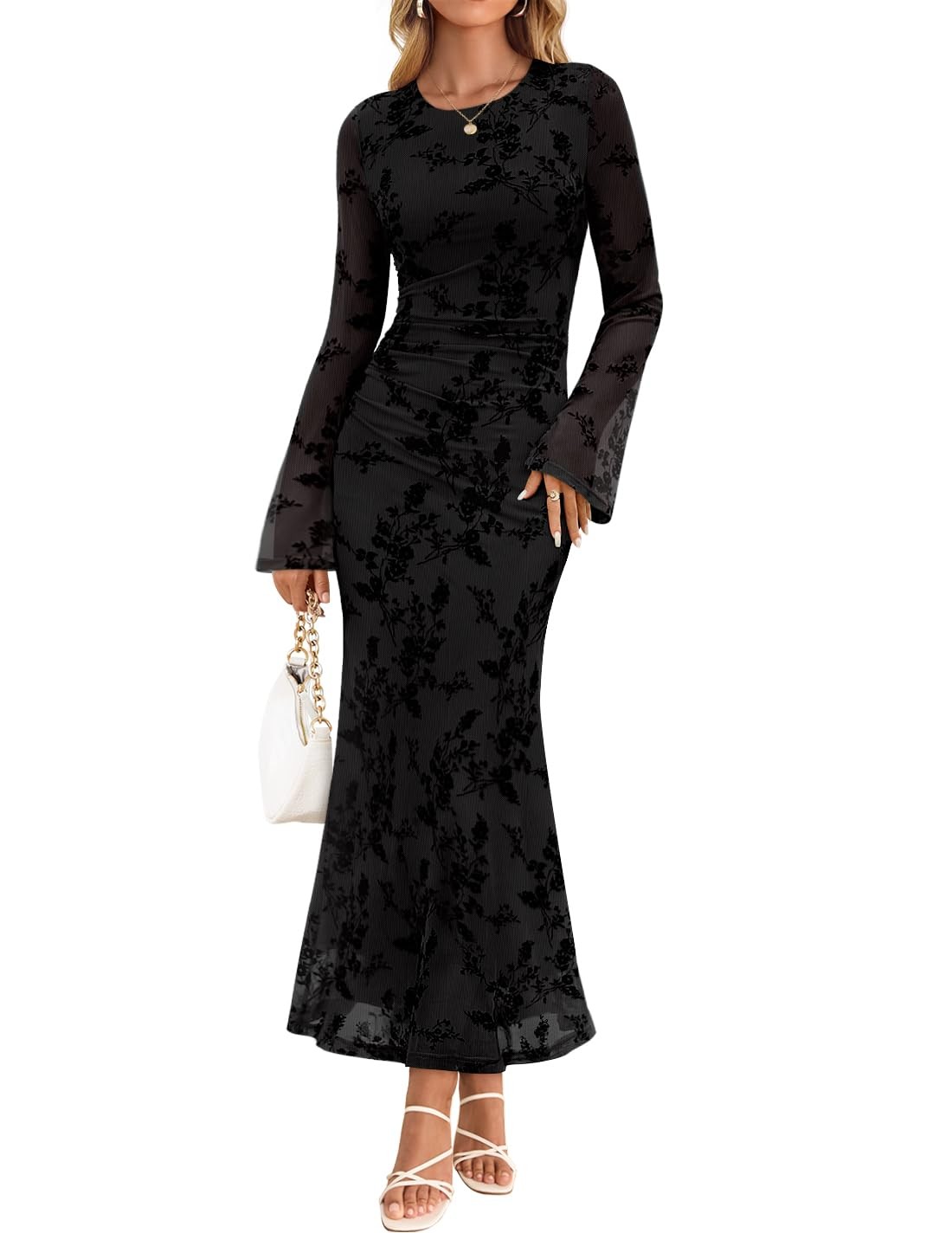 Women’s Long Sleeve Floral Bodycon Dress 2026 Spring Fall Ruched Mesh Wedding