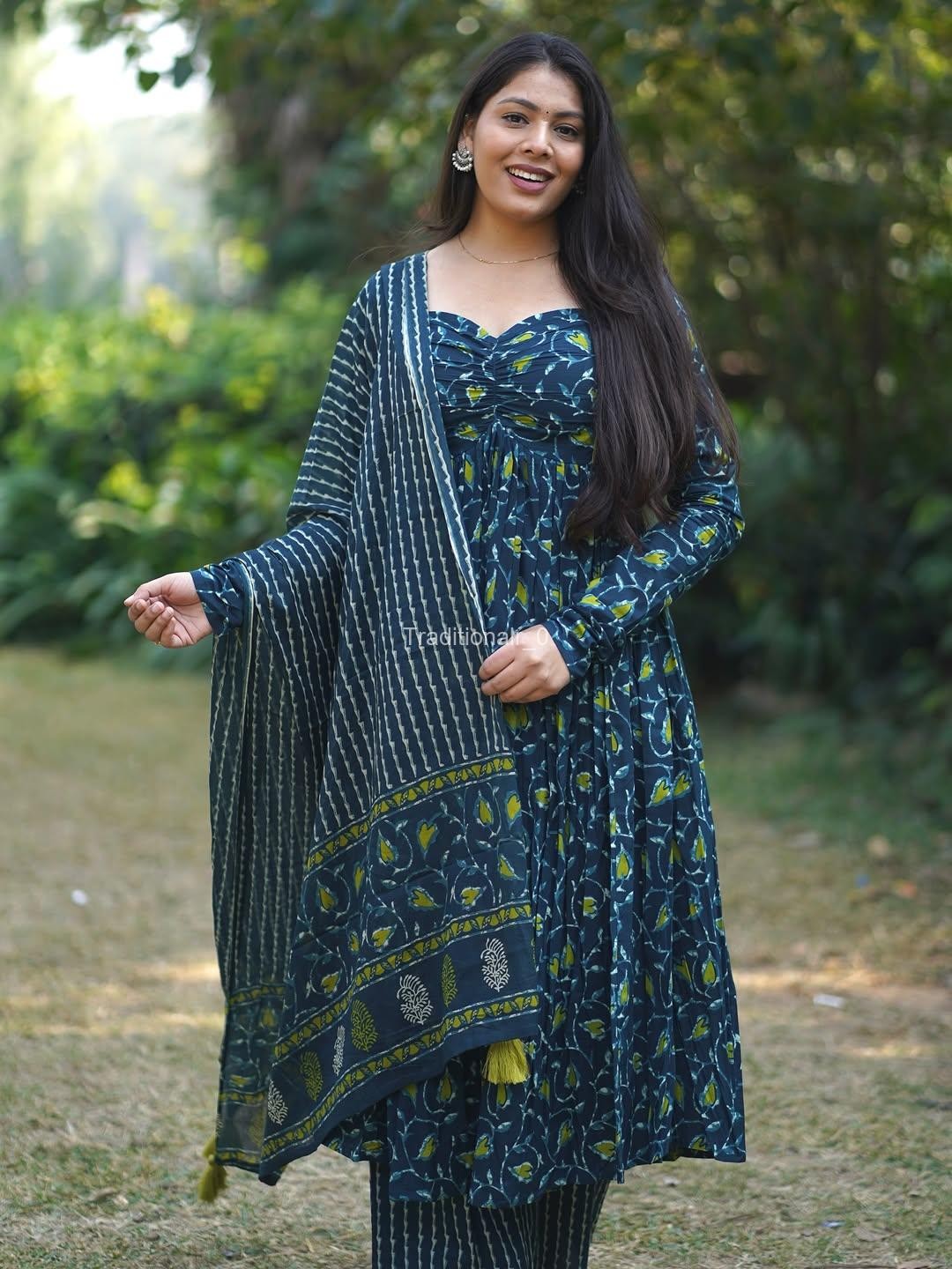 Elegant Teal Blue Floral Printed Cotton Anarkali Suit Set with Striped Pants