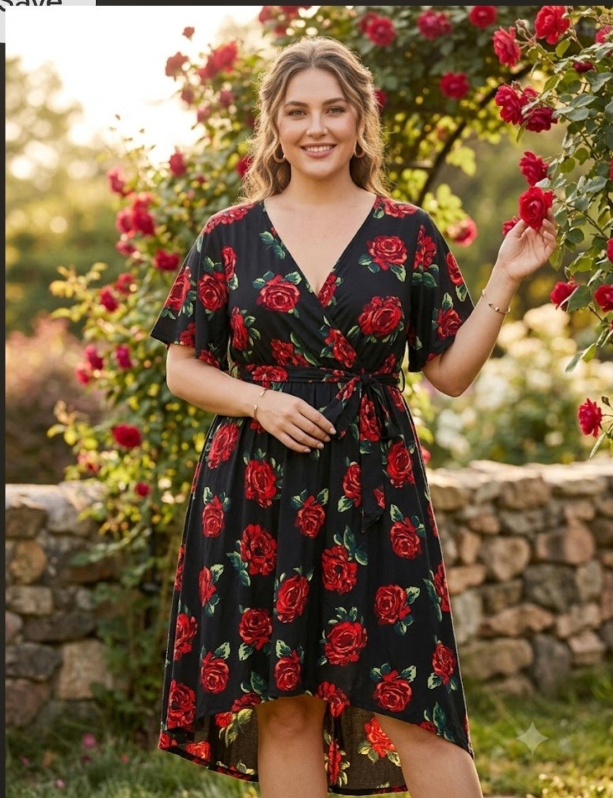 East Adeline 3X Black Red Floral Rose High Low Dress Flutter Sleeve Wrap Style