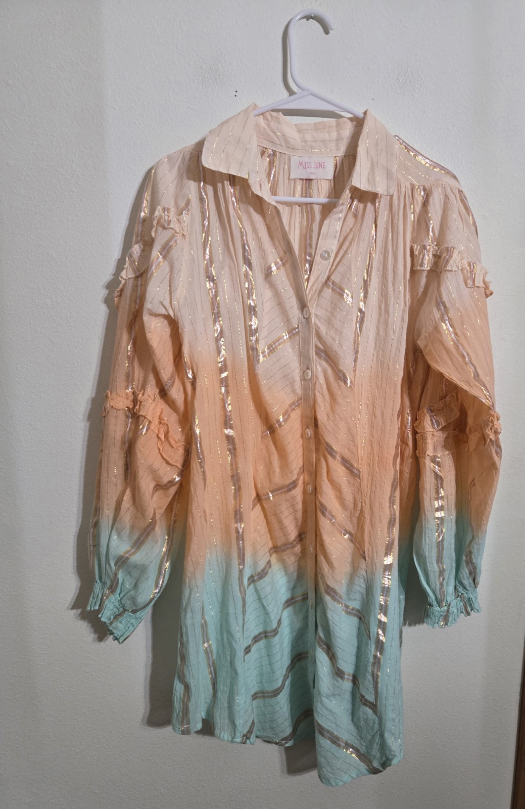 NWOT MISS JUNE PARIS Women Blue/Pink Wt Gold Metallic Accents Shirt Dress M