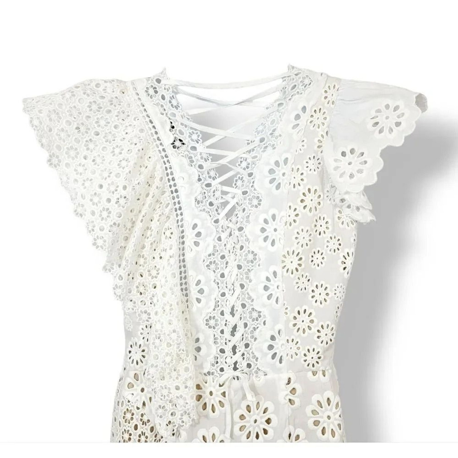Sea New York Embroidered Eyelet Asymmetrical Lace Up Edie Dress in White Size 10