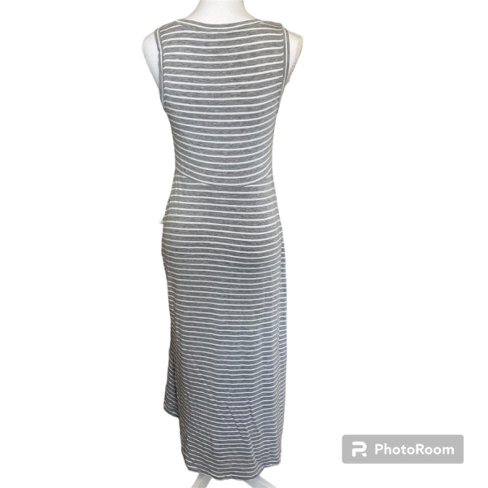 CAbi Maxi Dress Easy Style #5974 Small Grey White Stripe Ruching Stretchy Comfy
