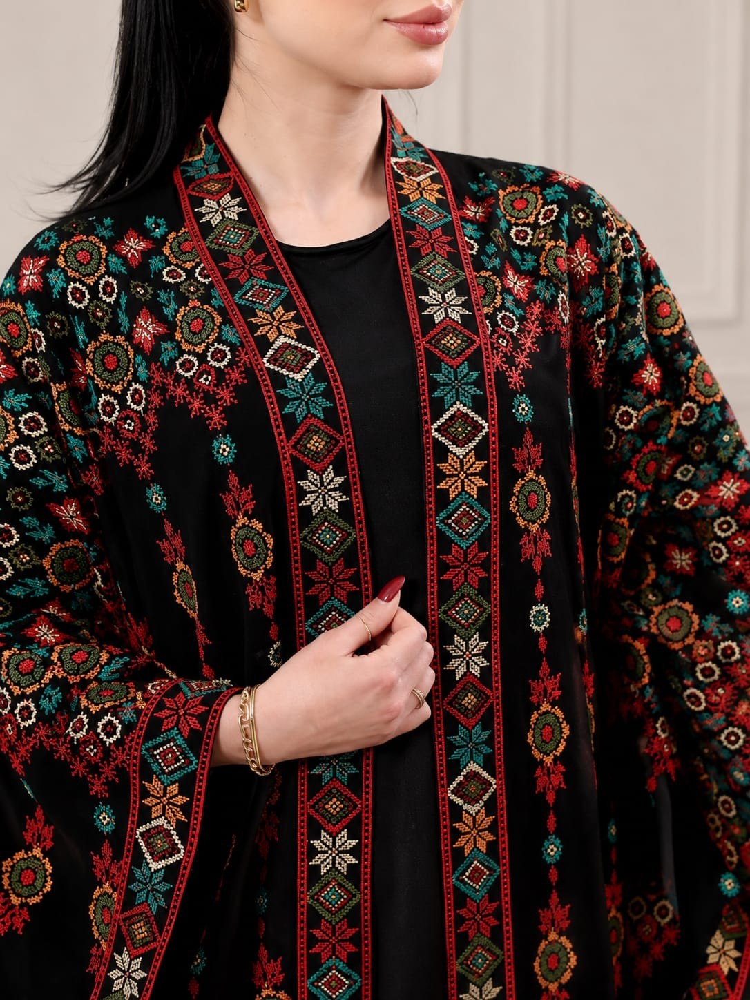 Luxury Tatreez Embroidered Chiffon Bisht Abaya Kaftan Free Size Jordan