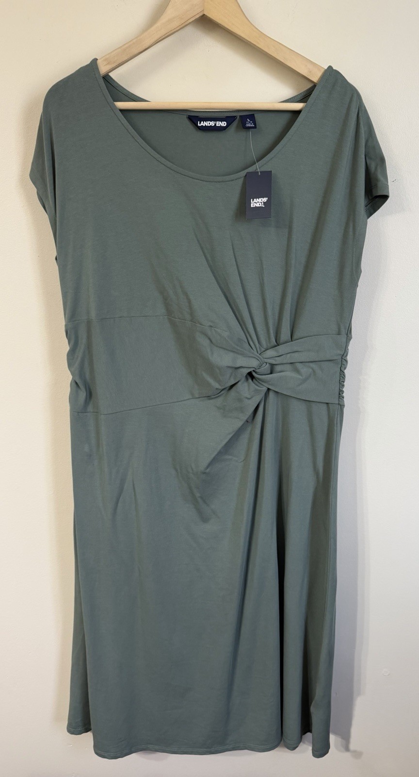 Lands’ End Soft Sage Green Cap Sleeve Twist Front Fit & Flare Dress L 14-16 NWT