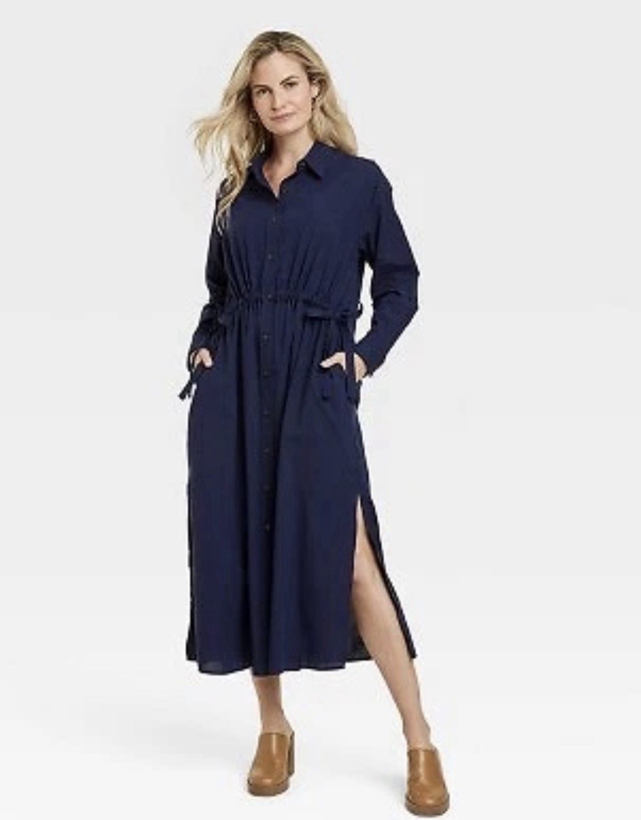 Women’s Long Sleeve Cinch Waist Maxi Shirtdress – Universal Thread Navy Blue L