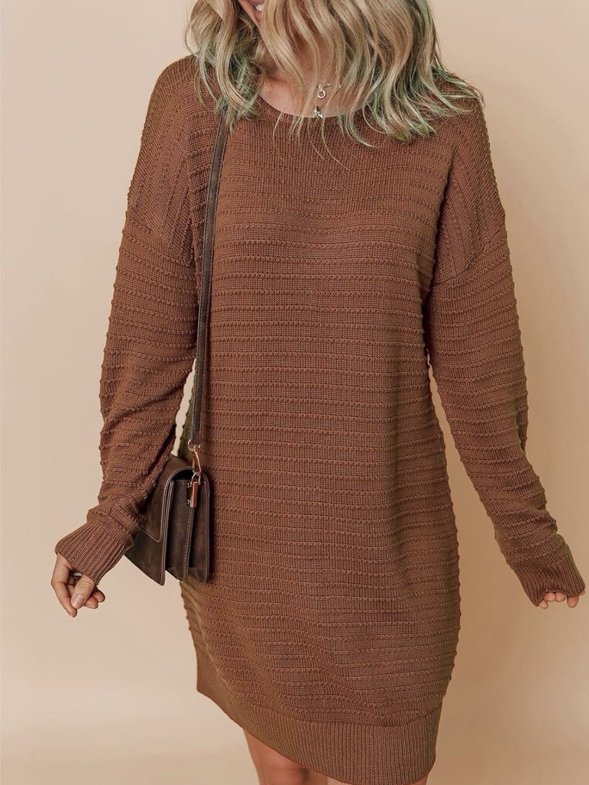 Women’s Brown Solid Ribbed Knit Sweater Dress Round Neck Long Sleeve size M